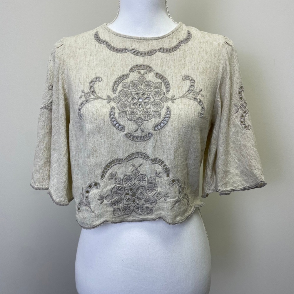 Abercrombie & Fitch XS Embroidered Linen Blend Crop Top Bell Sleeve Beige Boho